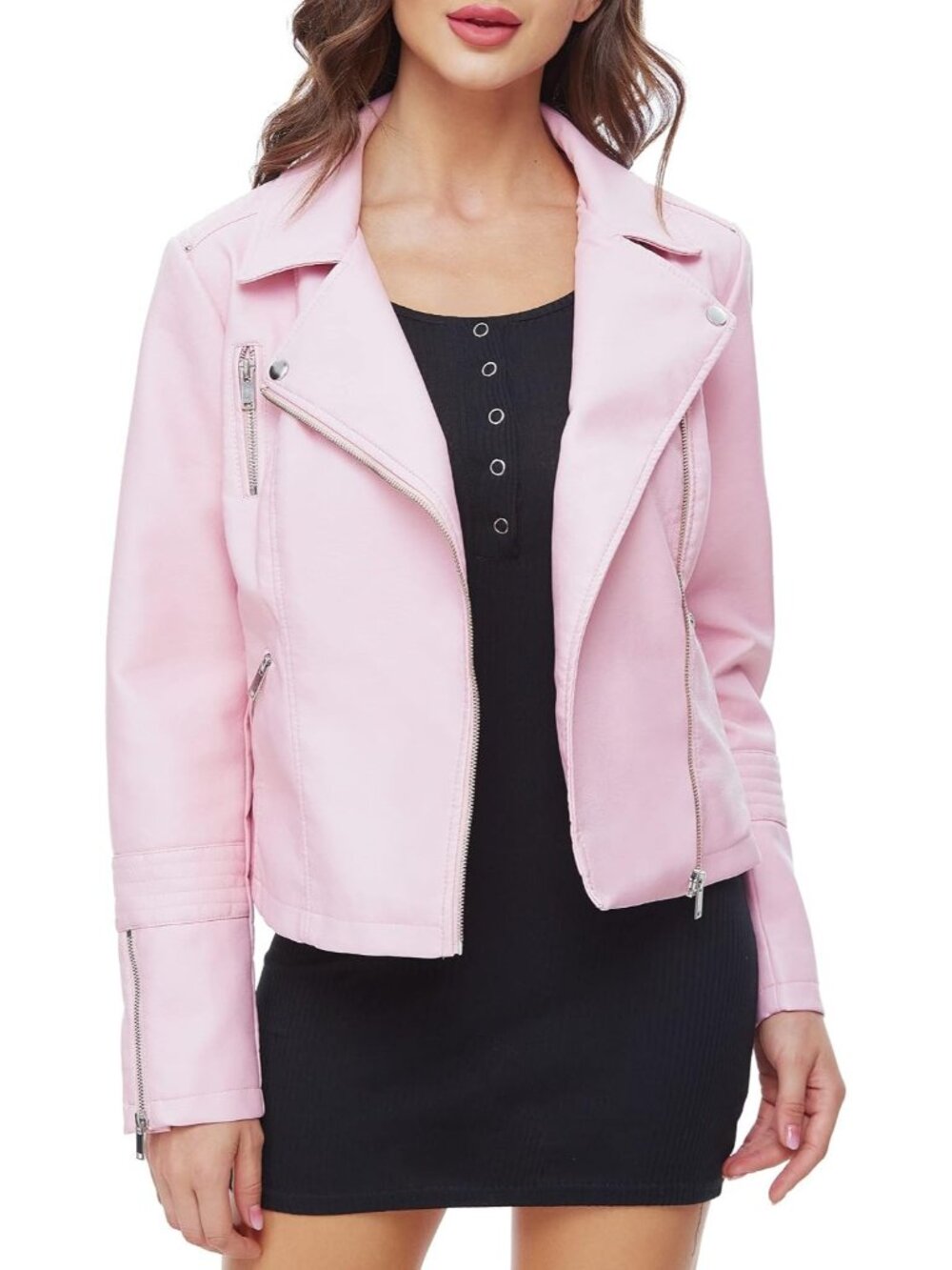 Women's Pink Faux Leather Lightweight Moto Biker Coat Long Sleeves Vegan Jacket